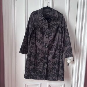 Vintage Laura Ashley Long Black/Grey Cotton Floral Button Front Trench Coat 6
